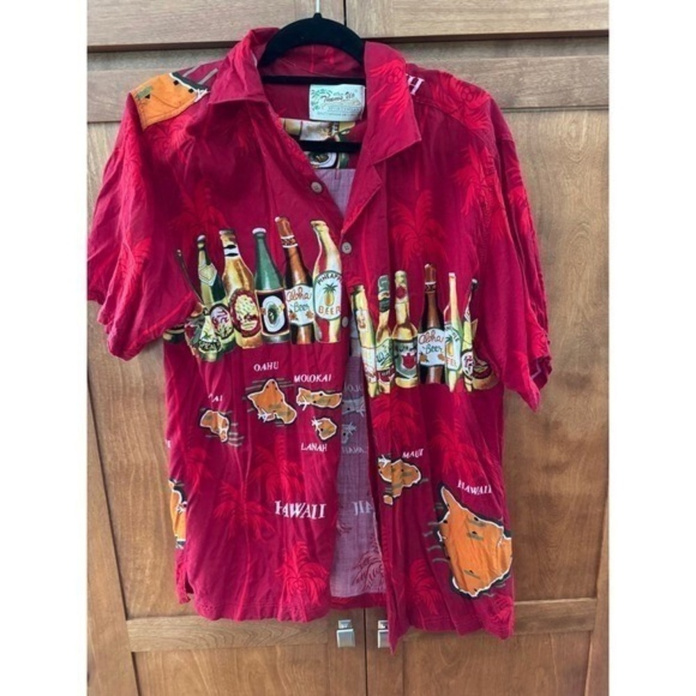 Thums Up For Him Hawaiian Shirt Men's Medium Red Beer Bottles Islands Map Rayon